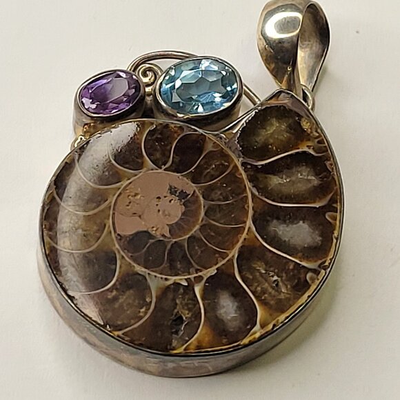 Ammonite Fossil Pendant Vintage Style 925 Sterling Silver - Picture 1 of 16
